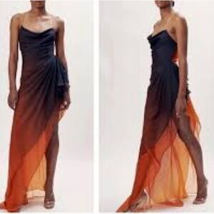 Ronny Kobo Collection Black and Orange Asymmetrical Maxi Dress Size XS